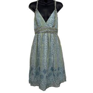 Morrell Maxie Women Silk Dress Size 6 Blue Green Fit Flare V-Neck Women Zip New